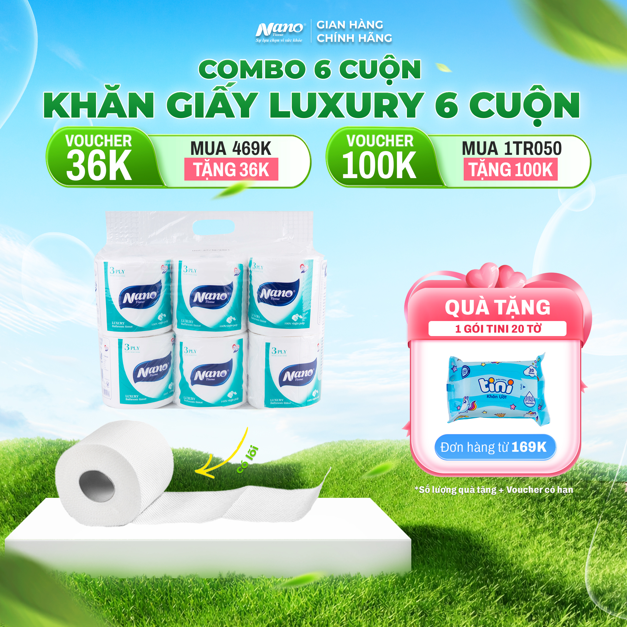 Giấy vệ sinh Luxury có lõi 6 cuộn